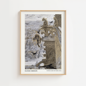 Notre Dame gargoyles plakat med stenskulpturer over Paris i grå og beige farver