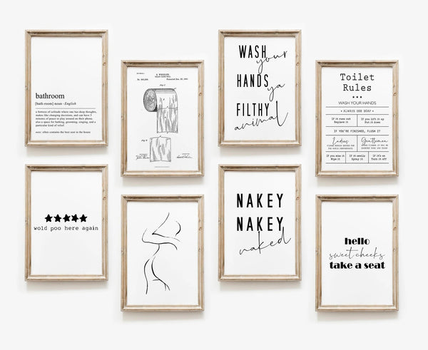 Plakat med fem sorte stjerner og teksten "Would poo here again" – sjov og minimalistisk badeværelsesplakat