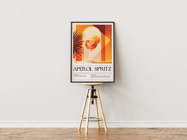 Illustreret plakat af Aperol Spritz cocktail i solrigt og grafisk design