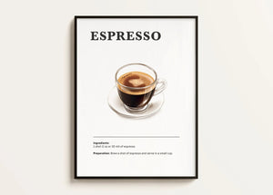 Espresso plakat med klar kop kaffe samt ingrediens- og opskriftstekst i minimalistisk design.