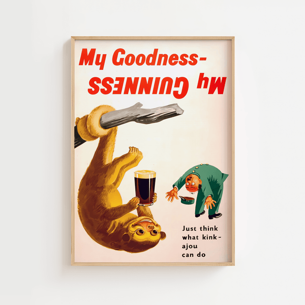 Vintage Guinness plakat med kinkajou, der holder en øl, og teksten “My Goodness – My Guinness” i retrostil.

