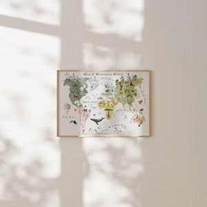 Realistisk verdenskort plakat til børn. Lærerig og detaljeret plakat med kontinenter og lande – perfekt til børneværelse eller skoler.