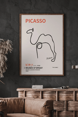 Picasso plakat med stregtegning af kamel og tekst fra Musée d’Orsay.

