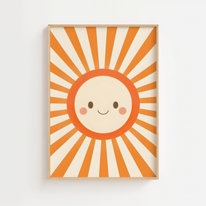 Smilende sol plakat med orange stråler og grafisk udtryk