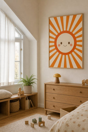 Smilende sol plakat i egetræsramme ved puslebord i børneværelse