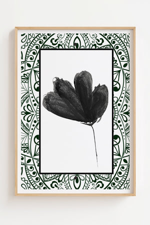 Sort tulipan plakat med ornamental ramme i grønne mønstre