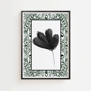Sort tulipan plakat med ornamental ramme i grønne mønstre, sort ramme