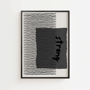Strong stribet plakat med organisk typografi og grafiske linjer i sort-hvid, sort ramme