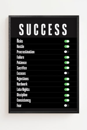 Success kontrolpanel plakat med hvid typografi og grønne knapper på sort baggrund, sort ramme