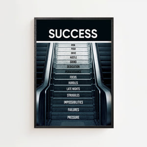 Success trappe plakat med hvide bogstaver på grå trin, sort ramme
