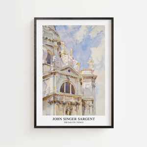 The Salute Venice Sargent plakat med venetiansk kirke i bløde blå toner, sort ramme