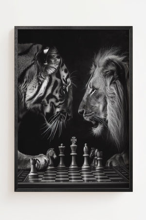 Tiger og løve skakplakat med fotorealistisk sort-hvid afbildning, sort ramme