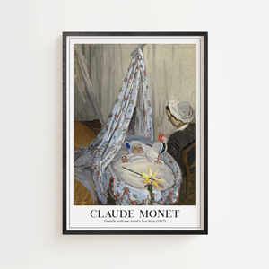 Vugge med blomstret himmel plakat med kvinde i hvidt ved babyens side, sort ramme