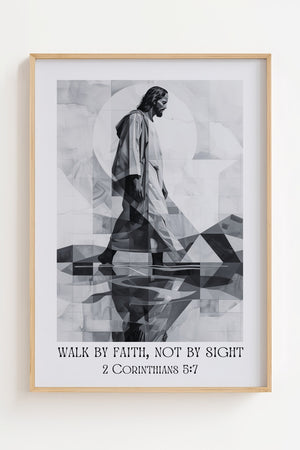 Walk by Faith plakat med grafisk figurmotiv i sort hvide geometriske flader