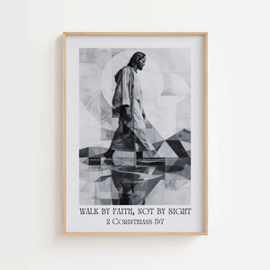 Walk by Faith plakat med grafisk figurmotiv i sort hvide geometriske flader